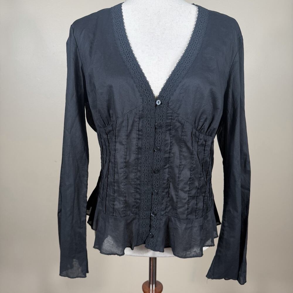 New York & Company Black 100% Cotton Lace Trim Pintuck Peplum Blouse Top 12